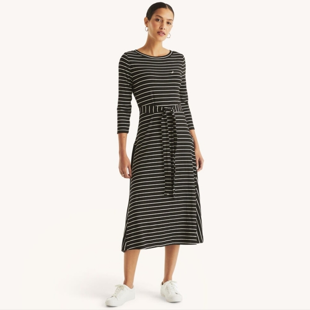Nautica Long Sleeved Striped Midi‎ Tshirt Dress Black and White Large